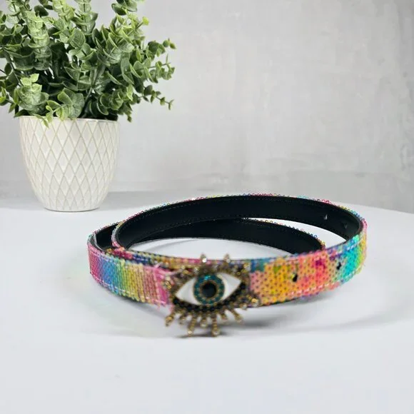 Kurt Geiger Multicolor Sequin Belt with Eye Detail KURT GEIGER LONDON SEQUIN RAINBOW EVIL EYE BELT IN MULTI XS  main image 4